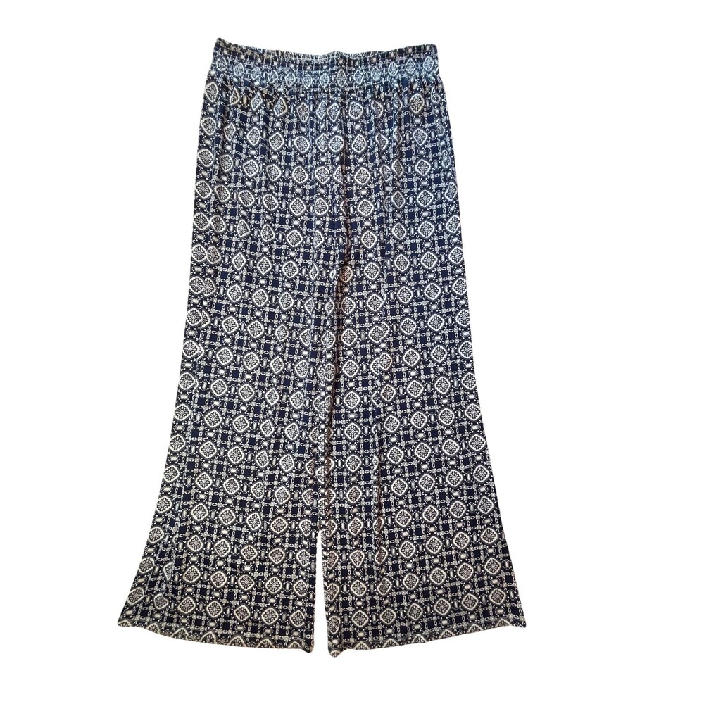 HALO Wide Leg Pull‎ On Pants Women's Blue White Geometric Stretchy Waist Boho XL